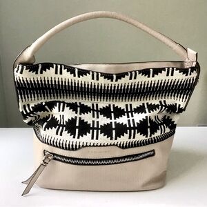 David Jones Tote Purse Hobo Bag Cream & Black Textile Print & Synthetic Leather